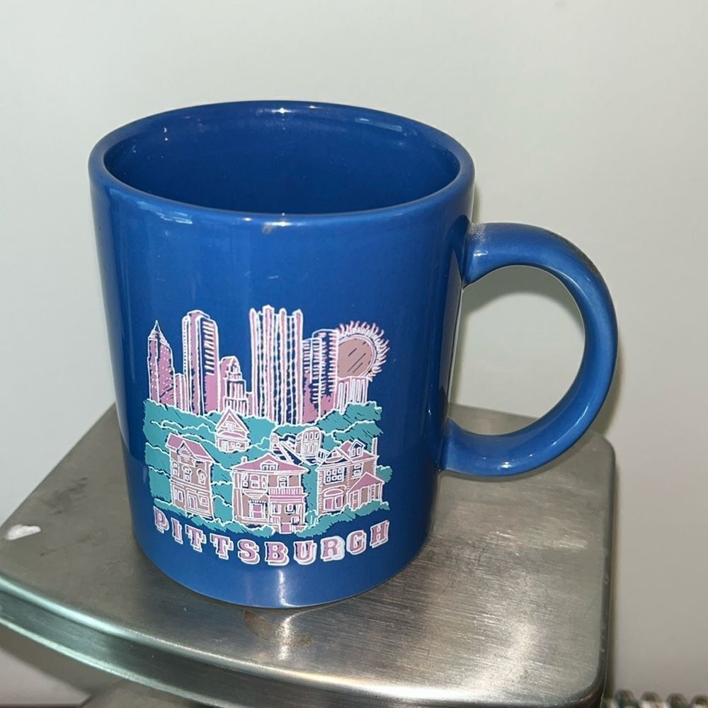 Lilac periwinkle blue Pittsburgh PA city scene houses coffee mug cup collector
